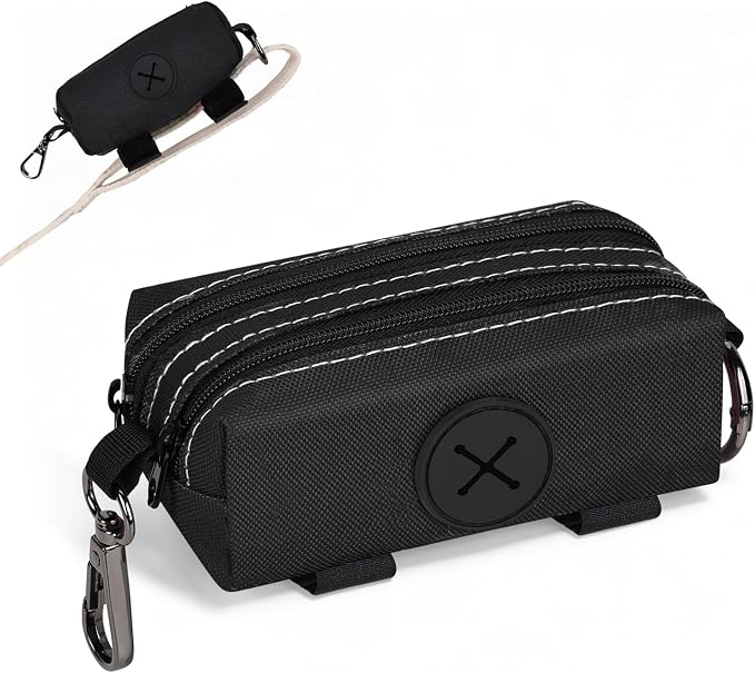 Dog Poop Bag Holder for Leashes 2 Zipper Pockets Black 1 Pack
