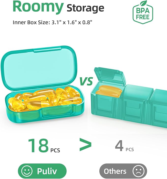 PULIV Weekly Pill Organizer with Large Capacity, Dual Protection (Cyan) | Pill Box 7 Day, Arthritis Friendly Pill Case Easy to Open, Medicine Organizer for Vitamins, Medication, Fish Oils, Supplement