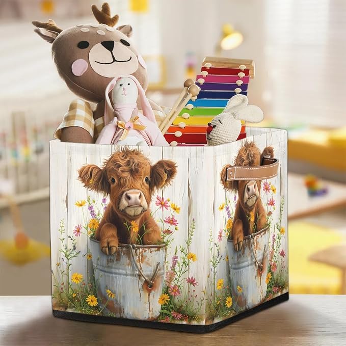 Farm Cute Cattle Cow Cube Storage Bin, 13 Inch Collapsible Fabric Storage Cubes Bin, Foldable Cube Baskets for Shelf, Closet, Organizer