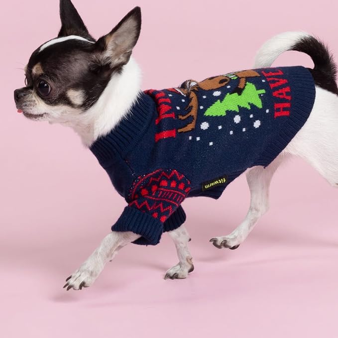 Fitwarm Funny Moose Dog Ugly Christmas Sweater, Winter Dog Clothes for Small Dogs Girl Boy, Pet Xmas Outfit, Navy, Large