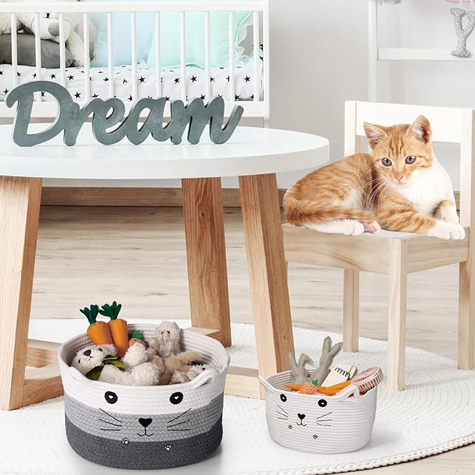 Zopeal Cat Woven Gift Basket Storage,13.7 x 7.8 Inch,Dark Gradient | Cute Cotton Rope Organizer with Handles for Toy Box, Nursery Decor, Decorative Bin, Pet Supplies Holder, Desk Storage