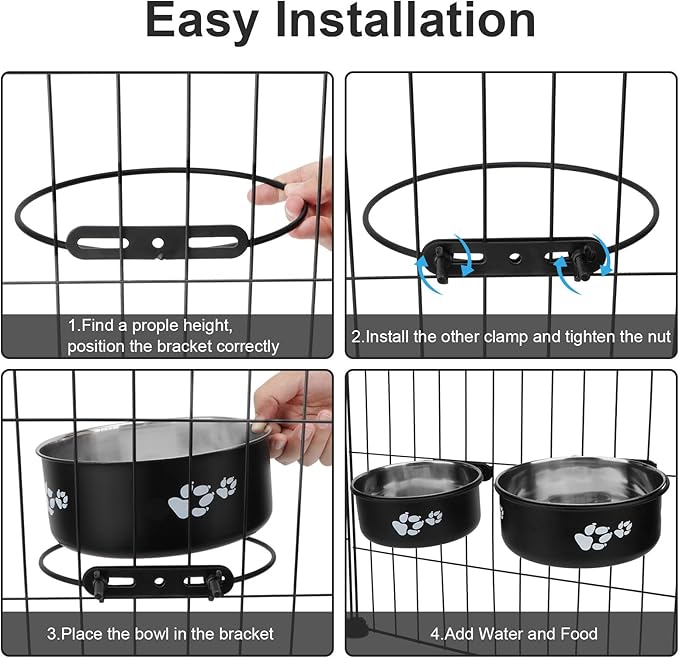 Stainless Steel Dog Crate Bowls Hanging No Spill 2 PCS - Adjustable Mountable Kennel Bowls for Medium/Large Dogs, Anti Spill Water & Food Bowl Set (Black, M(5.5"+6.3"))