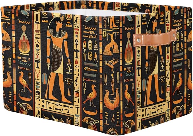 Egyptian Writing People Cube Storage Bins for Shelves, 15x11x9.5 inch Fabric Closet Organizers with PU Leather Handles, Foldable Toy Storage Baskets for Bedroom, Playroom