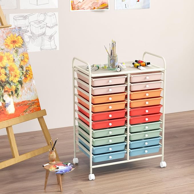 20 Drawer Rolling Storage Cart, Art Cart Organizer with Wheels for Makeup, Tool, Paper, Multipurpose Craft Storage Cart with Drawers for Office, Home, Classroom, School (Macaron Color)