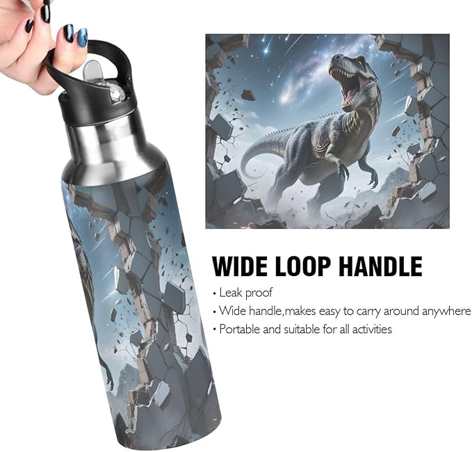 Dinosaur Galaxy Track Wall Water Bottle with Straw Lid Kids Insulated Stainless Steel Water Flask Sports, 20 Oz Hot Cold
