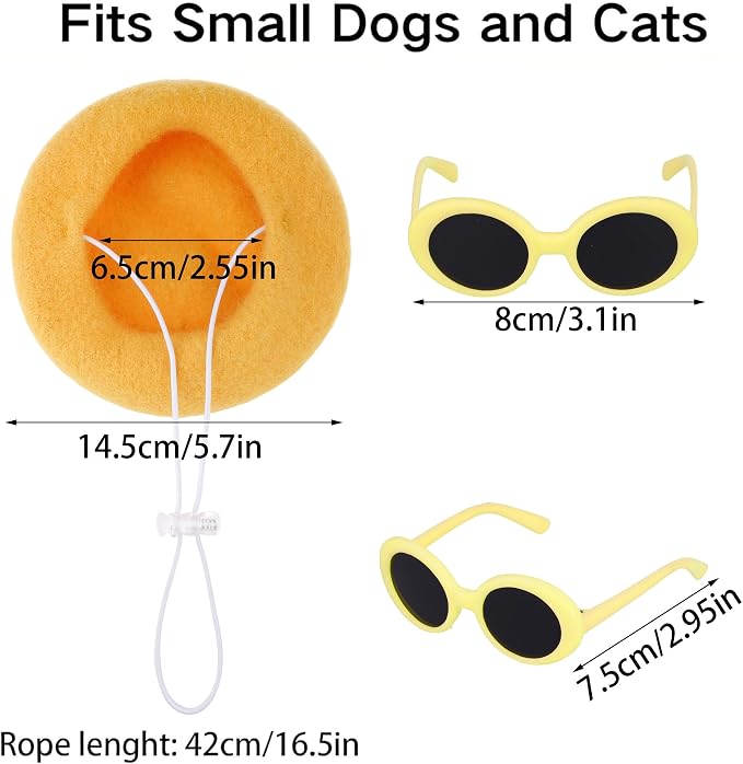 Dog Beret Set Including Dog Beret Satin Scarf Funny Glasses Pet French Artist Beanie for Small Dogs Cats Halloween Christmas Cosplay Party (Yellow)