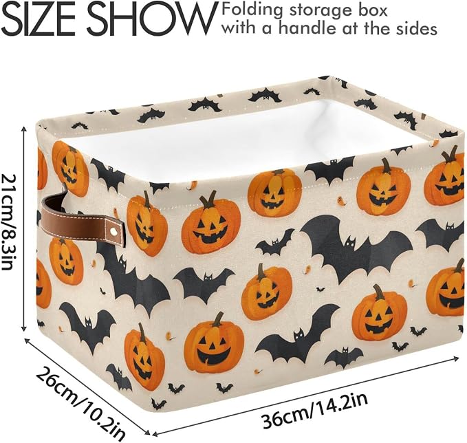 Wamika Happy Halloween Storage Basket with Waterproof Liner and PU Handles Spooky Pumpkin Black Bat Storage Bins Boxes 14.2" Collapsible Decorative Organizer Baskets for Bedroom Closet Office 2 Pack
