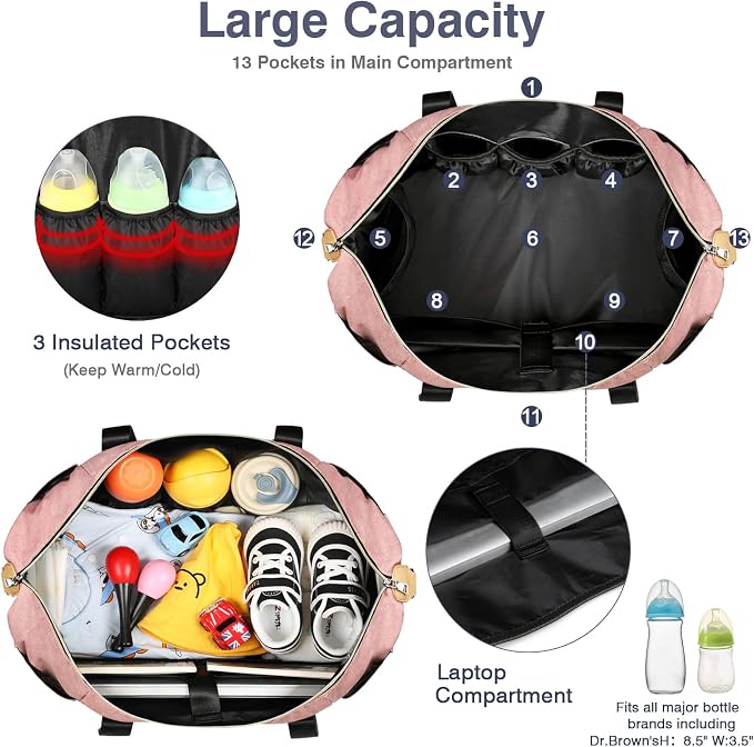 Diaper Bag Tote for Baby 7PCS, Large Mommy Bag with Portable Changing Pad | Multifunctional Hospital Bags for Labor and Delivery with Pacifier Case and Organizer Pouches,Travel Baby Bag for Boy Girl