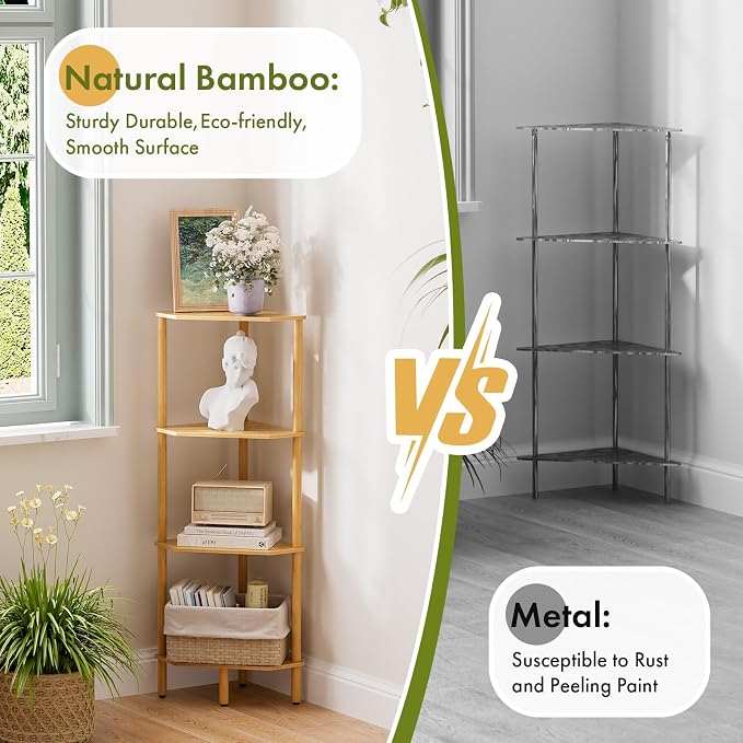 Corner Shelf Stand, 4 Tier Bamboo Corner Organizer, Narrow Tall Bookcase, Corner Shower Caddy, Plant Display Shelf, Open Storage Shelves for Living Room, Kitchen, Office, Balcony, Bathroom