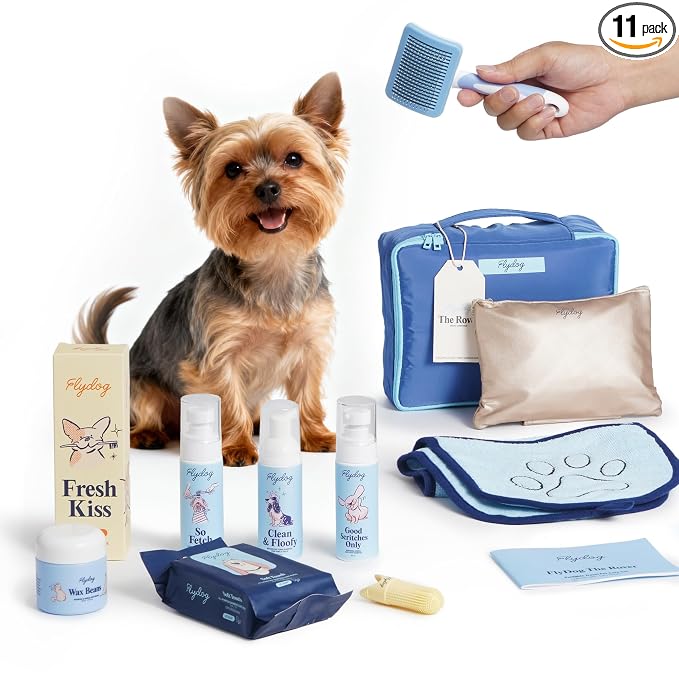 FlyDog The Rover Pet Travel Bag - 11 Piece Dog Grooming Kit with Shampoo, Conditioner, Paw Cream, Toothpaste & Toothbrush, and More, Dog Camping Essentials for Hiking and Outdoor Adventures