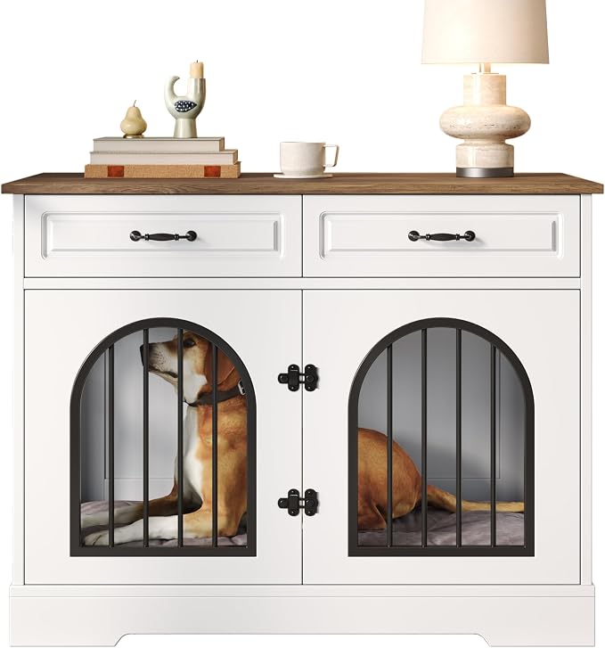43.3" Dog Crate Furniture for Medium Large Dogs, Heavy Duty Indoor Kennel with Side Doors and 2 Storage Drawers, End Table Dog Cage, MDF & Iron Construction, White & Brown, Sturdy TV Stand Furniture