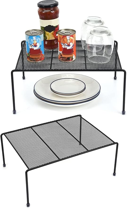 Set of 2 Mesh Kitchen Shelves Cabinet Storage Shelf Rack (13.1 x 10.2 Inch) ，Kitchen Bathroom Pantry Cupboard Desk Home Office, Fridge, Cabinet, Bathroom Cupboard, Non-slip Plastic Feet (2, Black)