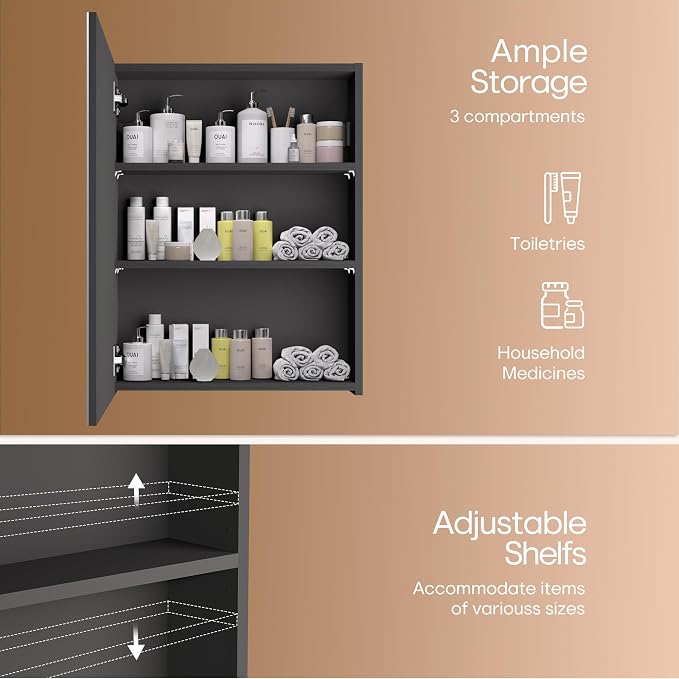26x20 inch Bathroom Wall Cabinet, Saver Storage Cabinet, Medicine Cabinet with 1 Door and Adjustable Shelves, Black（Assembly Required）