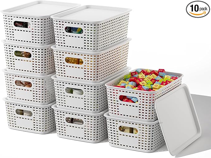 ORGIDOL Plastic Storage Basket with Lids 10 Pack Stackable Storage Bins Containers with Lid, Decorative Storage Boxes for Organizing Shelves, Drawers, Playroom, Classroom, Office, Closet, White