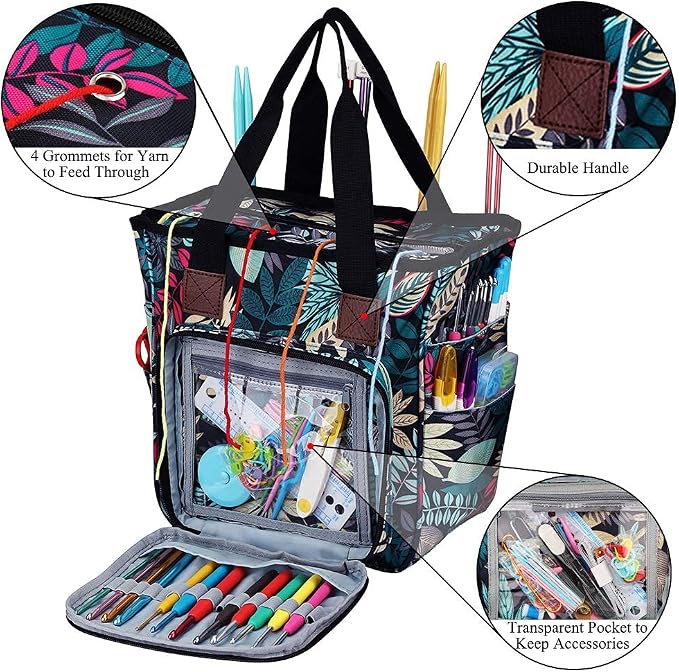 Coopay Crochet Bag w/Shoulder Strap, Yarn Bag Knitting Tote Bag-Forest | Portable Traveling Crochet for Crocheter, Large Capacity Storage Crochet Supplies Yarn Organizers Unfinished Project