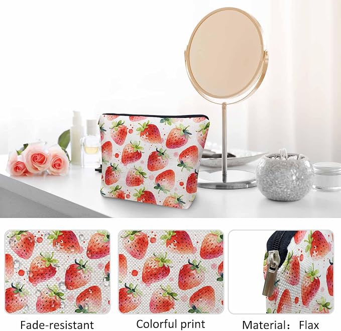 Strawberry Cosmetic Travel Bag For Toiletries, Summer Fruits Strawberry Red Makeup Bag Toiletry Bags For Women, Flax Cosmetic Bags Make Up Bag Purse Toiletries Bag Birthday Gift