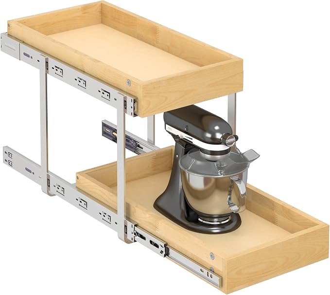 WelFurGeer 2-Tier Pull Out Cabinet Organizer with Soft Close Slides, Heavy-Duty Pull Out Drawers for Cabinets, Slide Out Shelf for Kitchen, Bathroom, Pantry & Under Sink, Solid Birch Wood