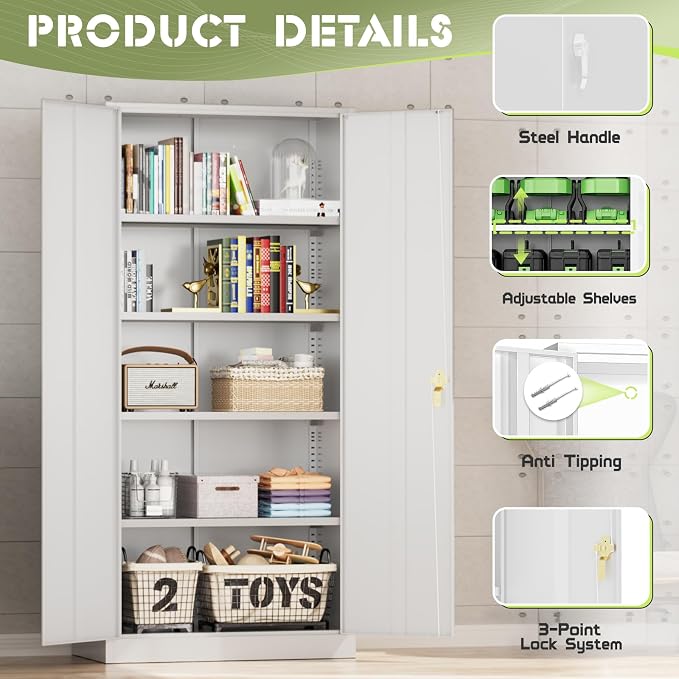 Crownland 72" Lockable Metal Storage Cabinet, Garage Storage Cabinets, High Office Cabinet with Adjustable Shelves for Garage, Home Office,Pantry, File(White)