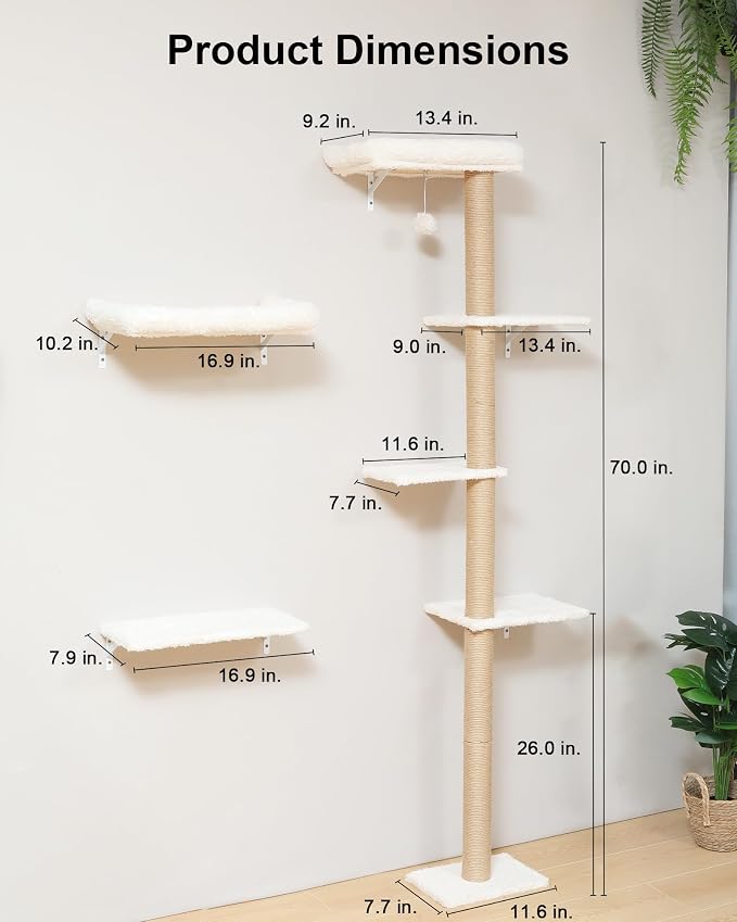 FUKUMARU Cat Wall Shelves Set, 70 inch Wall Mounted Tree, Beige | Kitten Scratching Post with Soft Cushion Perch, Space Saving Climbing Wall Furniture for 16 Inch Drywall