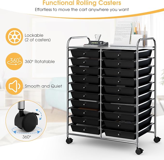 20 Drawer Rolling Storage Cart, Art Cart Organizer with Wheels for Makeup, Tool, Paper, Multipurpose Craft Storage Cart with Drawers for Office, Home, Classroom, Teacher, School (Black)