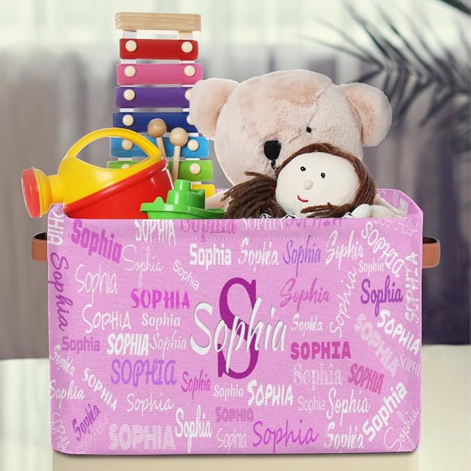 Personalized Kids Toy Box with Name, Custom Nursery Baskets Cubes Bins, Kids Custom Storage Basket Laundry Baskets Organizer with Handles, Pink Background