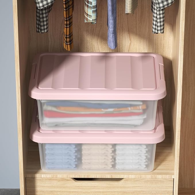 14 Quart Plastic Storage Latching Bin Box with Pink Lids, 2 Packs | Flat Under Bed Organization Latch Tote Containers with Lid