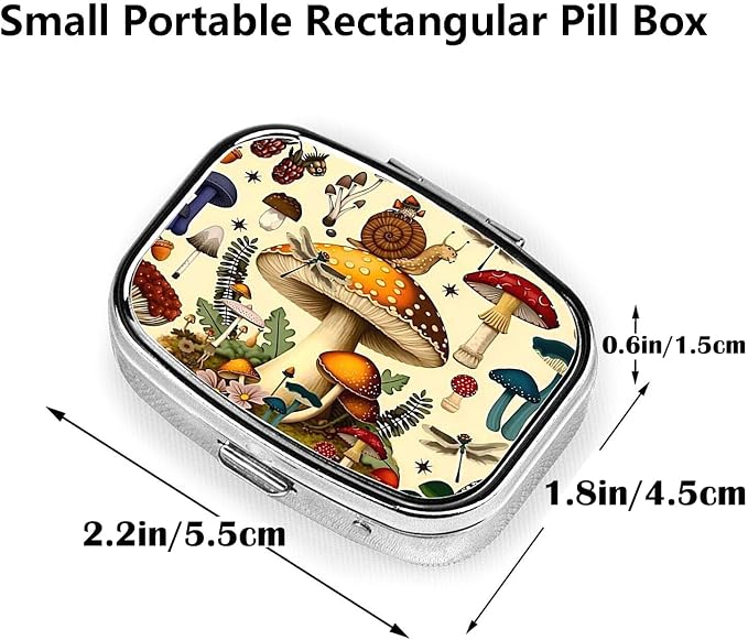 ABLESKY Pill Box, 2 Compartment Pill Organizer Case for Pocket or Purse, Small Portable Metal Travel Medicine Box with Mirror, Daily Vitamins Fish Oil Container-Vintage Snail Fantastic Mushroom