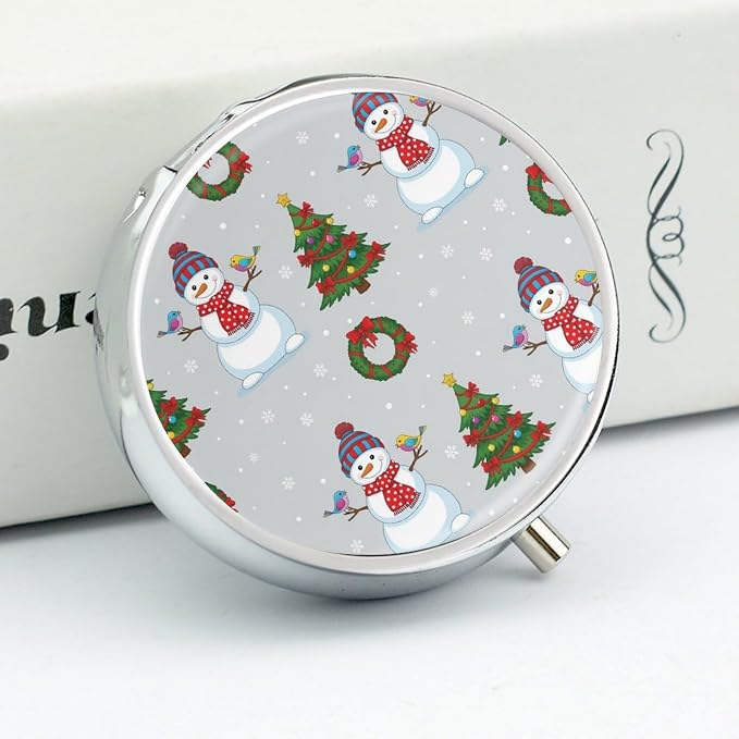 Travel Medicine Box, Christmas Snowman Round Small Organizer, Metal Pill Case for Fish Oil, Portable Dispenser Purse Pocket for Commuters