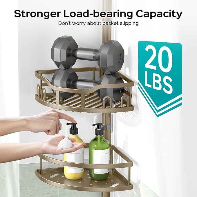 HAMITOR Shower Caddy Corner Tension Pole Adjustable No-Drill Bathroom Shelf | Rustproof Storage 4-Tier Shelves, 47-121 In Rod, With Hooks Towel Bar, Large Capacity Rv Dorm Needs, Home Decor, Tan Khaki