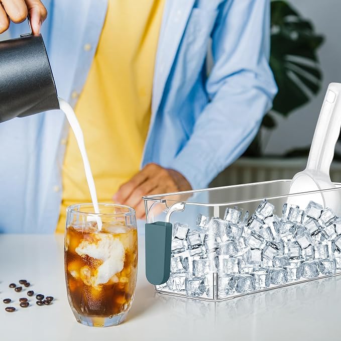 Havawish Ice Storage Bin and Flexible Scoop Set Plastic Freezer Bin | Freezer Ice Bin Scoop, Clear Bucket Container, Pull Handle, Flexible Storage, 10.83 X 4.92 X 4.33 in