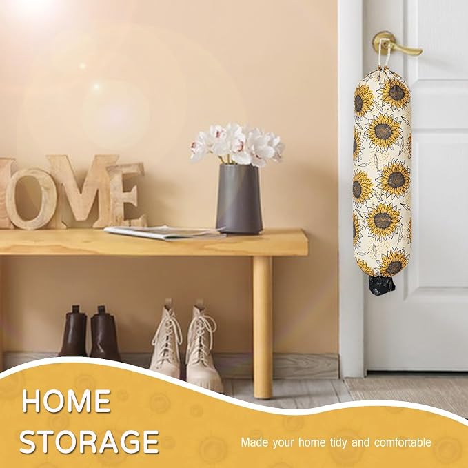 Plastic Bag Holder, Reusable Grocery Bag Holder for Plastic Bags Groceries Store, Flower Canvas Trash Plastic Bag Organizer Storage Holders for Home Kitchen Pantry Decor (Yellow Sunflower)