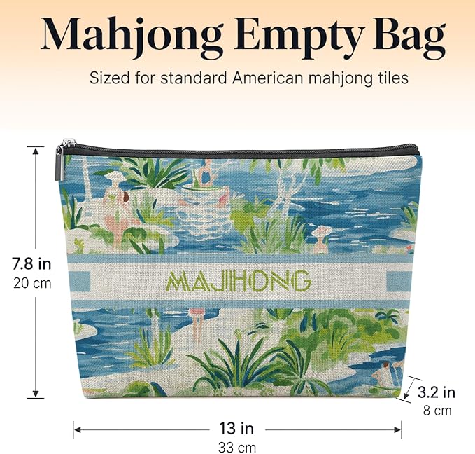 Summer Blue and Green Beach Empty Mahjong Tile Bag 13x7.8 Inch, | Boho Printed Portable Travel Case Organizer Zipper Pouch for American Mahjong Tiles Game Night Accessories and Gifts