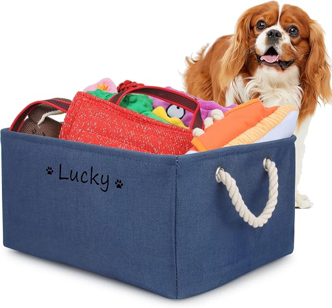 Personalized Dog Toy Storage Basket Bin, Customized Pet's Name Storage, Collapsible Organizer Box for Dog Toys, Clothing, Apparel & Accessories (Navy blue, S)
