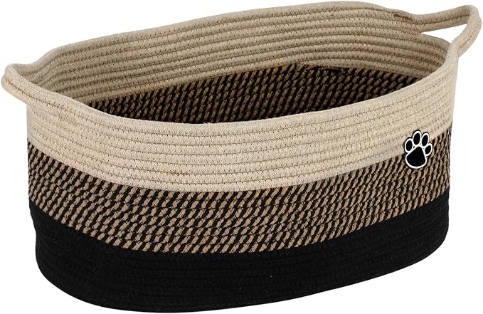 Optish 25L Dog Toy Basket,16.5" x 11" x 9" Medium Toy Storage Box and Bin with Handles, Woven Rope Foldable Basket for Blankets, Living Room, Bedroom, Home Decor, Black & Brown