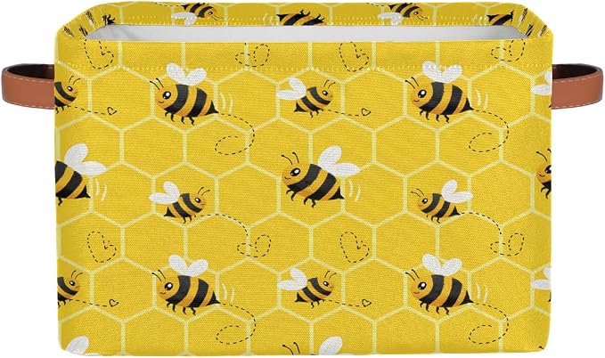 AUUXVA Bee Storage Basket Yellow Honeycomb Beehive Geometric Pattern Storage Cube Box Canvas Collapsible Toy Basket Organizer Bin with Handles for Shelf Closet Bedroom Home Office