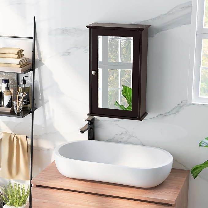 LOKO Bathroom Medicine Cabinet, Wall Mounted Storage Cabinet (Brown) | Single Mirrored Door | Adjustable Shelf | For Bathroom, Living Room, Entryway | 13.5 x 6 x 21 inches
