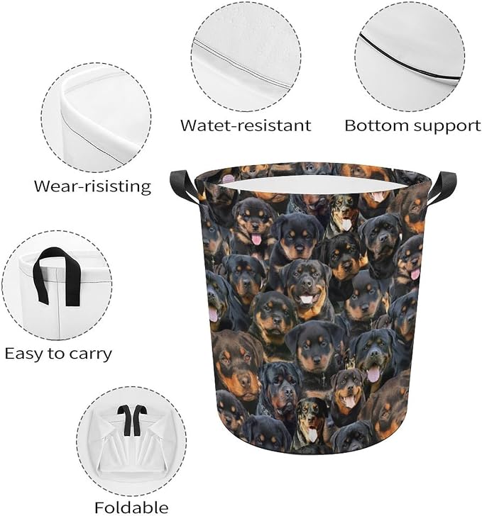 Rottweiler Print Laundry Basket, Funny Rottweiler Dog Face Laundry Hamper, Foldable Waterproof Oxford Cloth Tote Bag Dirty Clothes Storage Bucket Organizer for Bathroom Bedroom