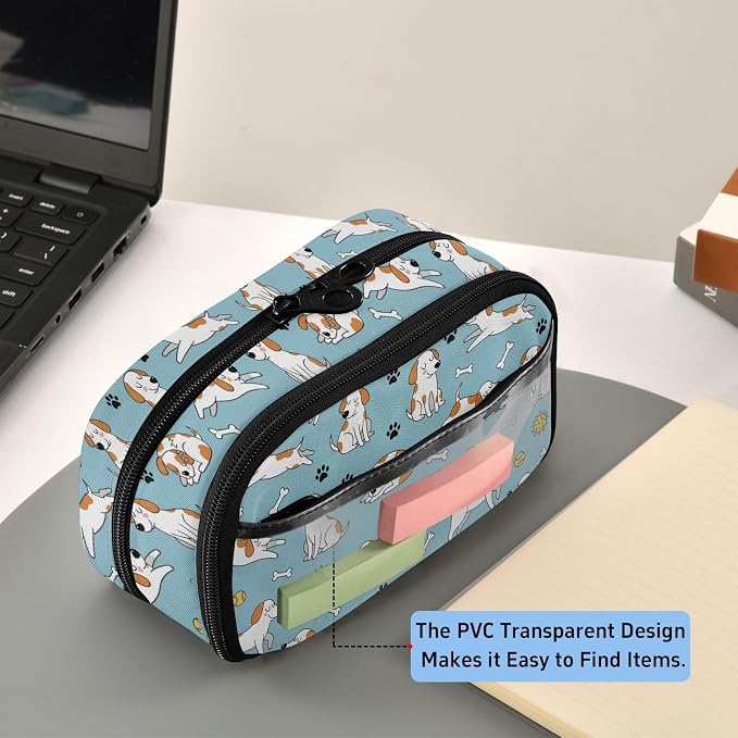 Pets Dogs Blue pattern Large Capacity Pencil Case with Zipper Water Resistant Portable Organizer Pen Bag for Office Students School