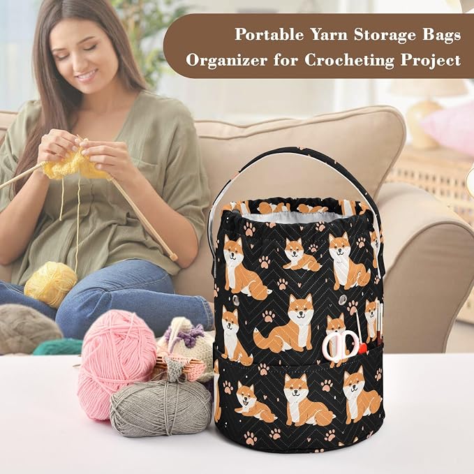 Fustylead Cute Cartoon Shiba Inu and Paw Prints Large Crochet Organizer, Durable Polyester Drawstring Basket Yarn Storage Bag for Crochet Hooks, Knitting Needles, Project and Sewing Supplies