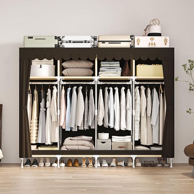 Large Portable Armoire Wardrobe Closet with 4 Hanging Rods and Lockers,Metal Storage Wardrobe Clothes Rack with Dust Cover for Clothes,16.7 in Wide,Bedroom,Gray (Brown, 77.5 in)