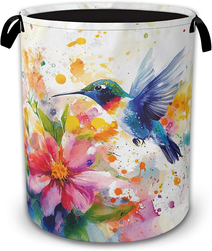 Hummingbird Laundry Basket Collapsible with Handles,Watercolor Flower Waterproof Oxford Cloth Hamper,16 x 20.8 Inch Storage Organizer for Bathroom Bedroom Dorm