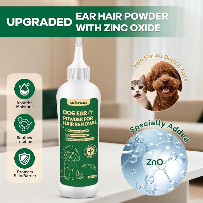 Dog Ear Powder for Hair Removal 30g – Gentle Zinc Oxide Ear Hair Removal Powder for Cleaner Ear Care, Moisture Absorption, Better Grip & Easy Grooming for Poodles, Schnauzers, Bichons and More