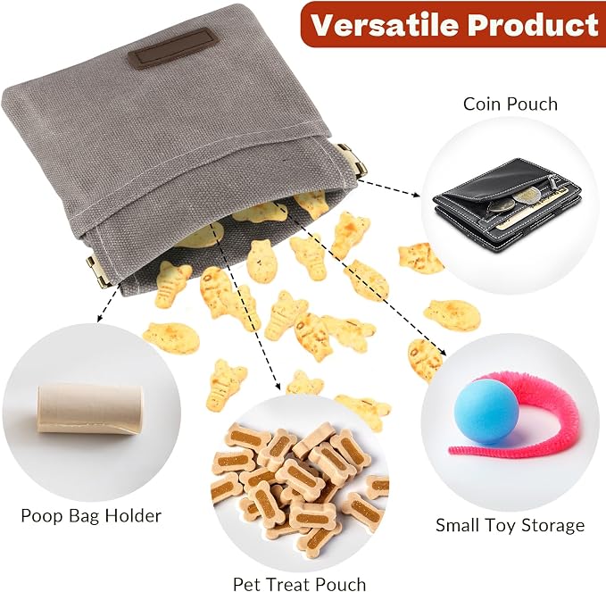 Dog Treat Pouch, Portable Auto Closing Dog Training Treat Bag with Carabiner, Hands Free Pocket Sized Snack Reward Pouch for Puppy Walking Travel Outdoor Use, Gray