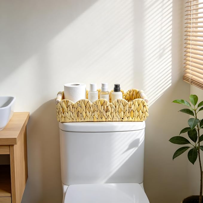 Decorative Toilet Paper Storage Basket, Modern Farmhouse Home Decor Scalloped Basket for Organizing, Pantry Baskets for Shelves, Countertop, Living Room, Wood Handles, Natural Water Hyacinth (1Pack