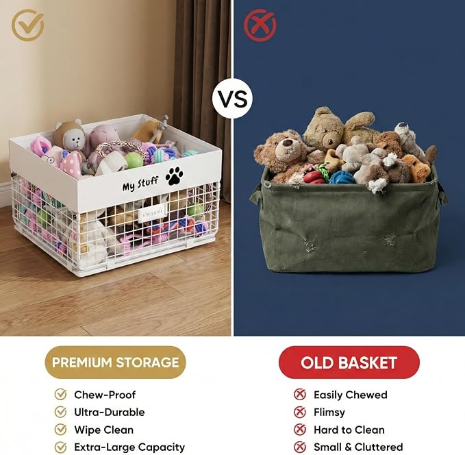 qeerable Dog Toy Box- Metal Toy basket for Dog - Dog Toys Storage Bin for Pet - Personalized Large Dog Toys Basket for Puppy and Pet- White Chew Resistant Dog Toy Chest & Organizer