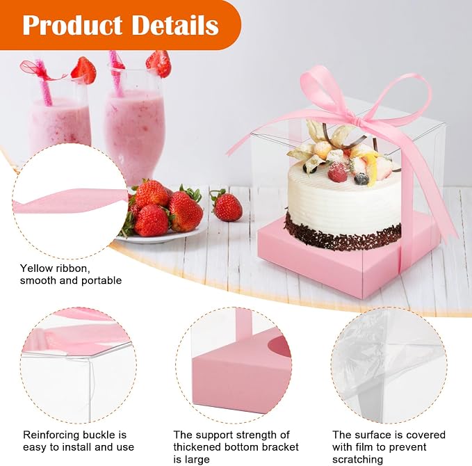 12 PCS Clear Cupcake Boxes 3.5 Inch Cupcake Containers (Pink) | Disposable Cupcake Carrier Plastic Individual Cupcake Storage Holder with Ribbons and Inserts for Wedding, Birthday Party