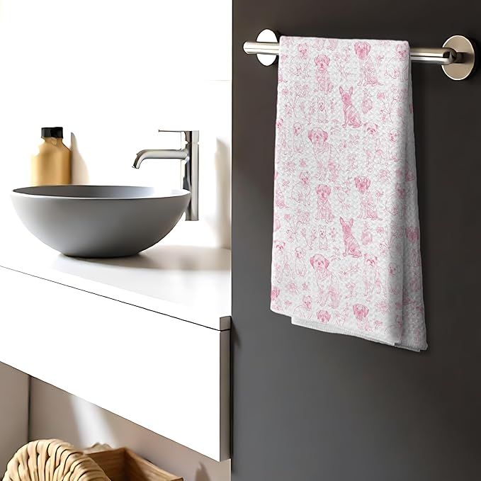Pink Chinoiserie Dog Floral Decor Kitchen Towels，Dog Gifts for Kitchen Bathroom Decor,Pink Animal Print Grandmillennial Decorative Dish Tea Towels,16x24 Inch