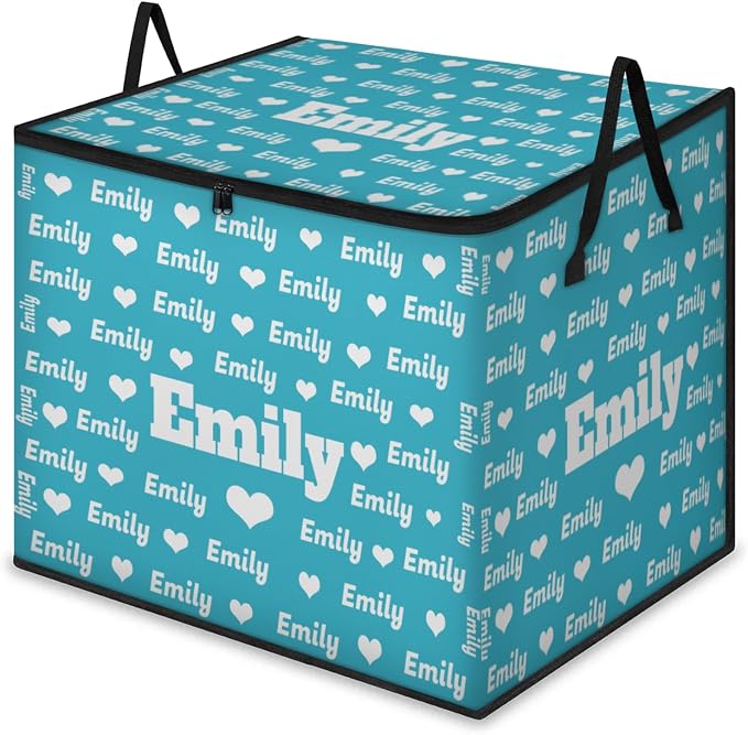 Custom Name Large Clothes Storage Organization with Lids, Kids Toys Bin Shelf Basket, Bedding Clothes Towel Lake Blue Storage Bin for Nursery, Gift Basket, Pet Basket, Full Names Love Hearts Printed