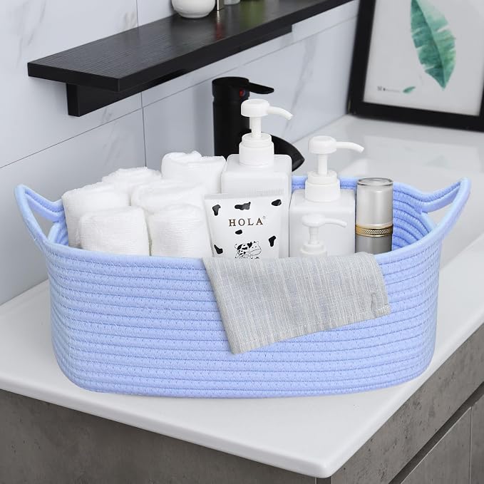 ABenkle Small Storage Basket with Handles, Cotton Rope Woven Dog Cat Toy Bin, Decorative Shelves Closet Organizing for Nursery Laundry Bedroom Bathroom, 14.2''x 11''x 5.1''
