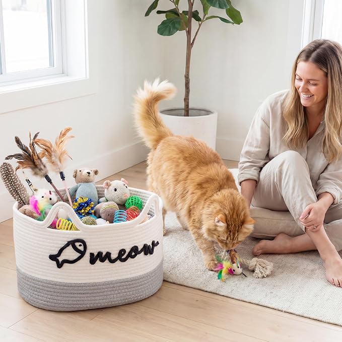 Cat Toy Basket with Cat Ear Handles, 19.5 x 11 x 9 in Woven Cats Toy Bin, Large Two-tone Cotton Rope Storage Box, Meow Words Organizer for Toys, Blankets, Home Decor (White, Gray)